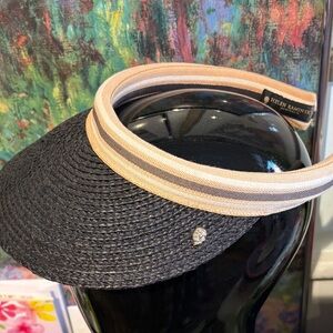 Helen Kaminski Black Straw Visor with Beige Trim and Taupe Stripe